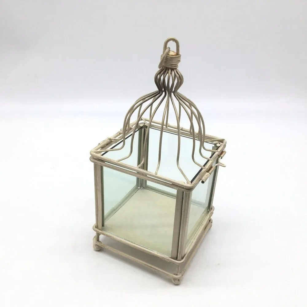 Creamy White Metal Glass Lantern Farmhouse Shabby Chic Candle Holders Terrarium